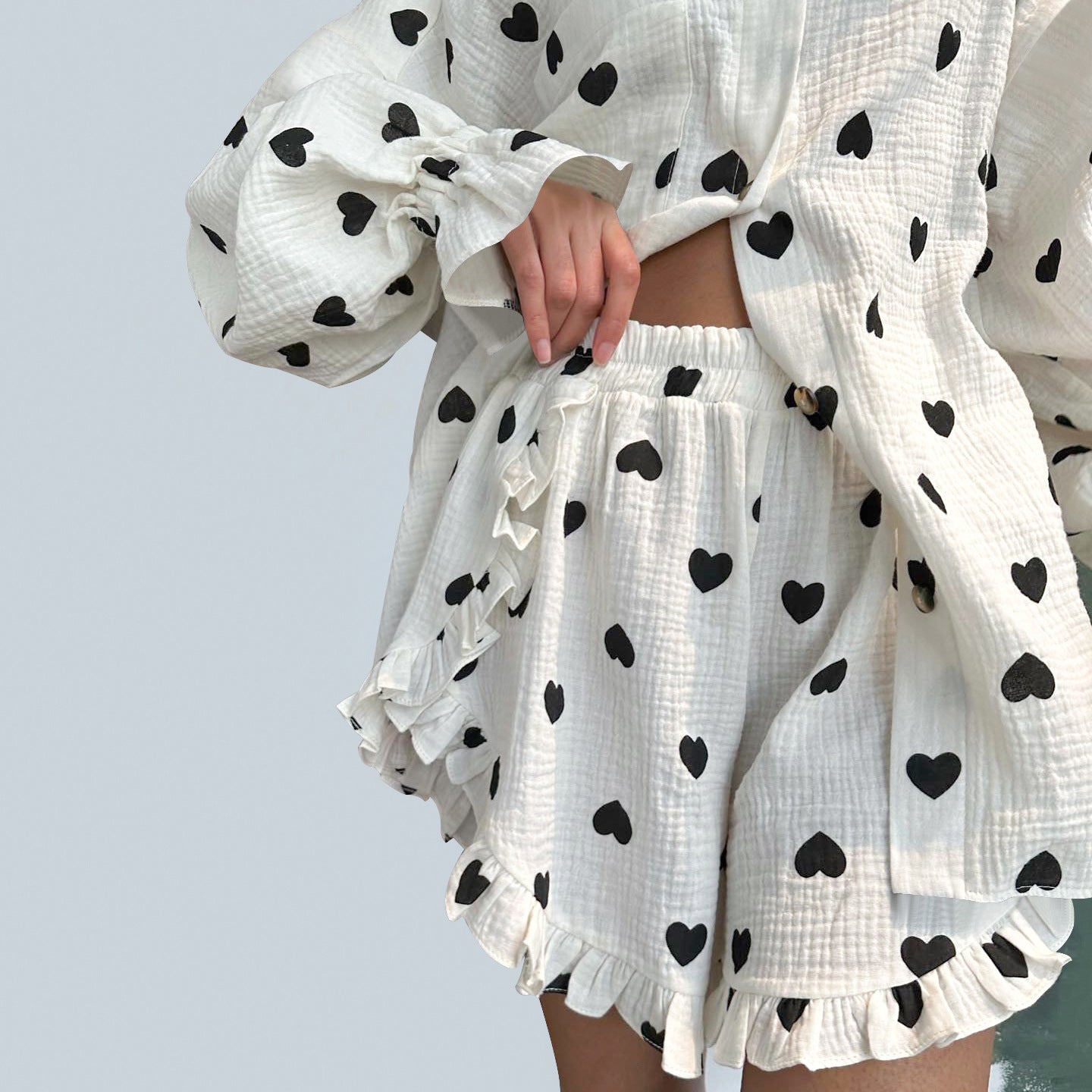 Dame afslappet hjerte mønster pyjamasæt med volangdetaljer Stilla