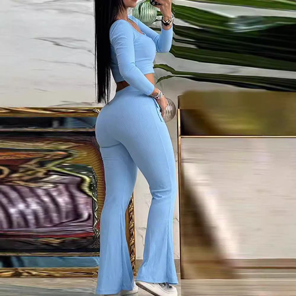 Dame Crop-Top og Flared-bukser sæt med dekorativ knaplukning og tætsiddende snit Stilla