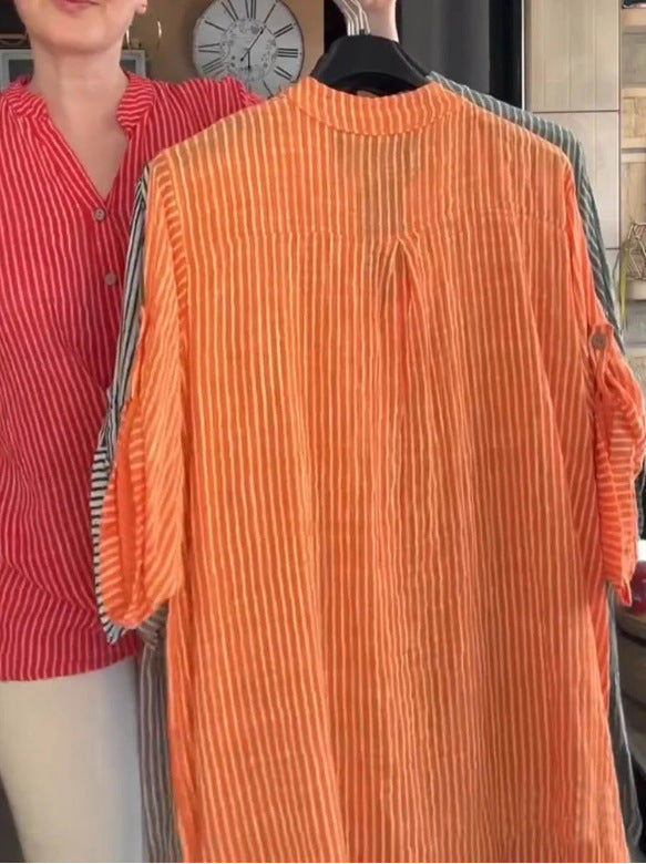 Dame afslappet bluse med knaplukning og stribemønster Stilla