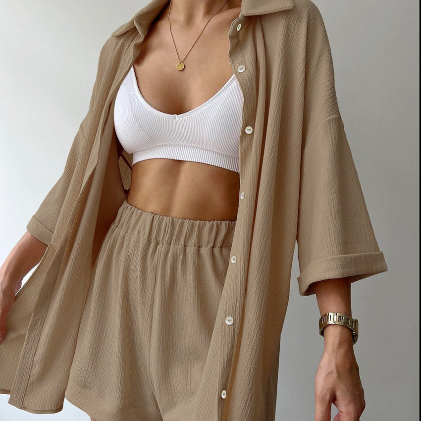 Dame afslappet oversized skjortebluse med struktureret materiale og korte ærmer Stilla