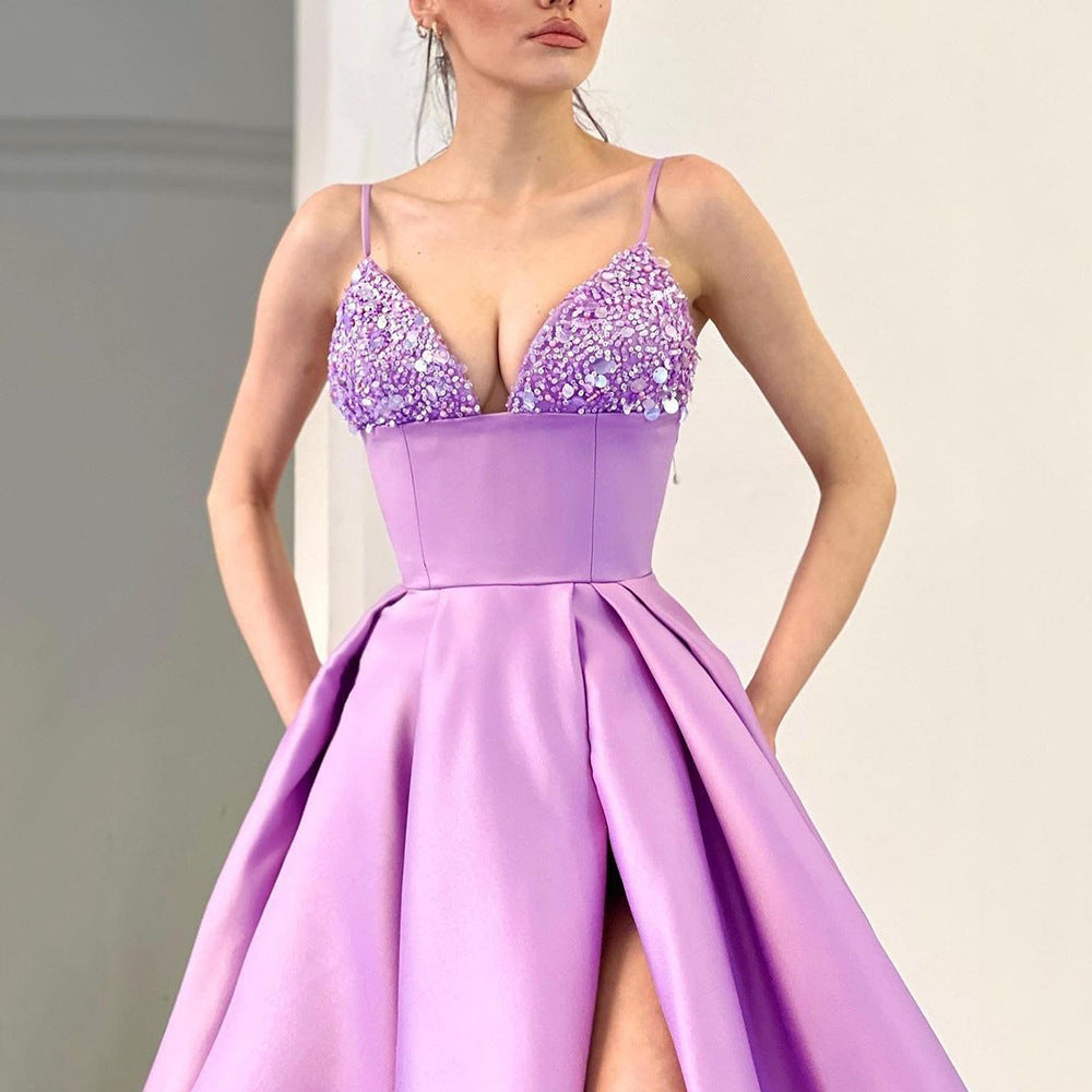 Dame Elegant aftenkjole med skinnende overdel og højt slids Stilla