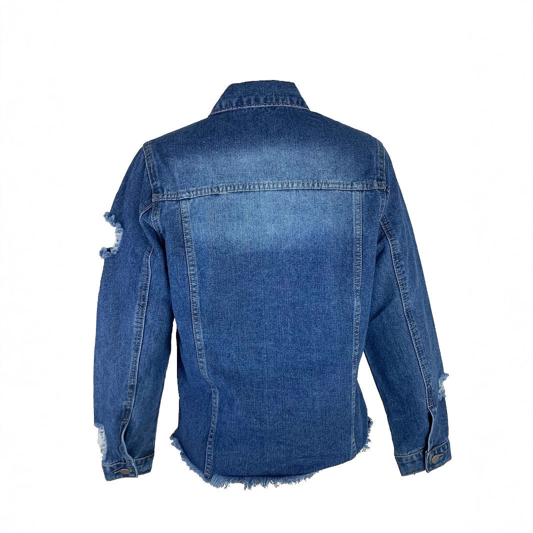 Dame Denimjakke med afslappet snit og flosset kant Stilla