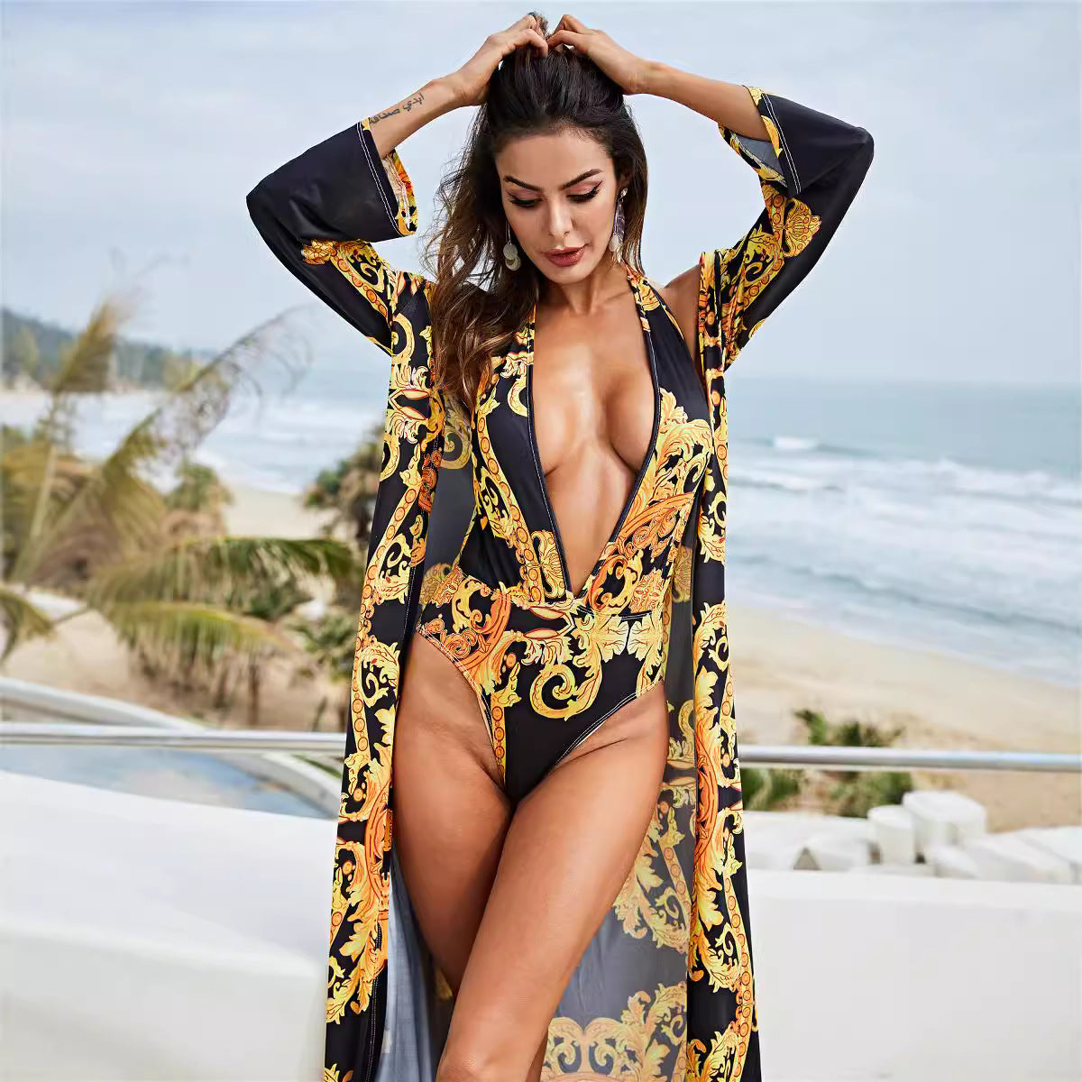 Dame Elegant Kimono-Style Badedragt med dyb V-udskæring og lange ærmer Stilla