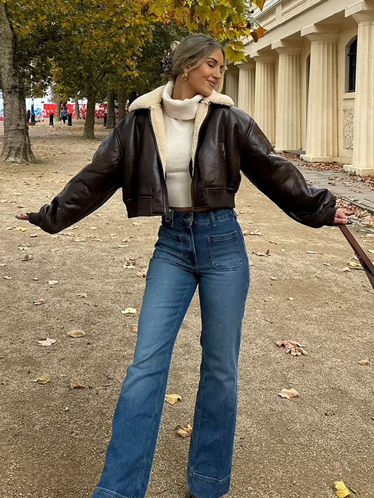 Dame cropped kunstlæderjakke med indvendigt foer af pels Stilla