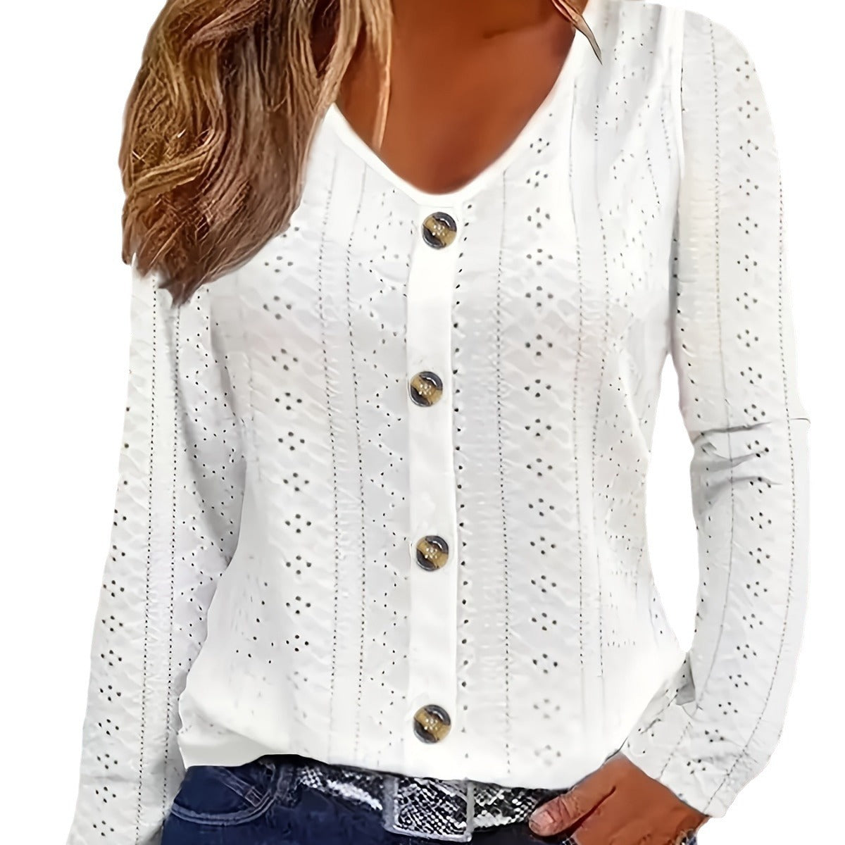 Dame Elegant bluseoverdel med gennemboret struktur og dekorative knapper Stilla
