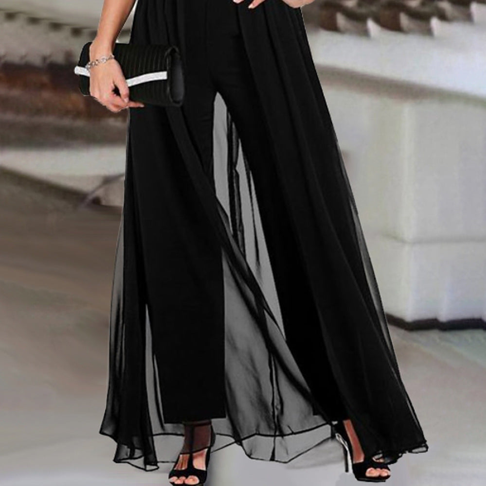 Dame elegant Empire-liv jumpsuit med gennemsigtig overlay Stilla