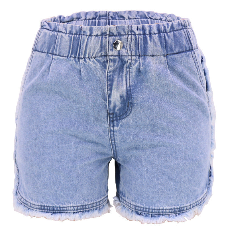 Dame lækre denim-shorts med elastisk talje og frynset kant Stilla