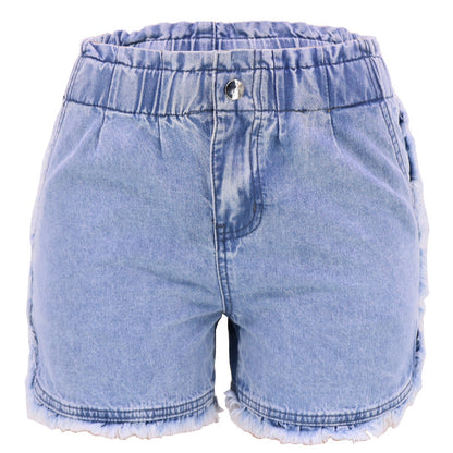 Dame lækre denim-shorts med elastisk talje og frynset kant Stilla
