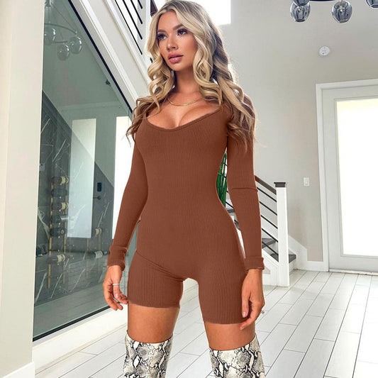 Dame figurtilpasset langærmet jumpsuit i ribmateriale Stilla