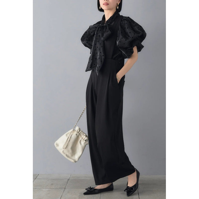 Dame elegant bluse med prikker og puffærmer Stilla