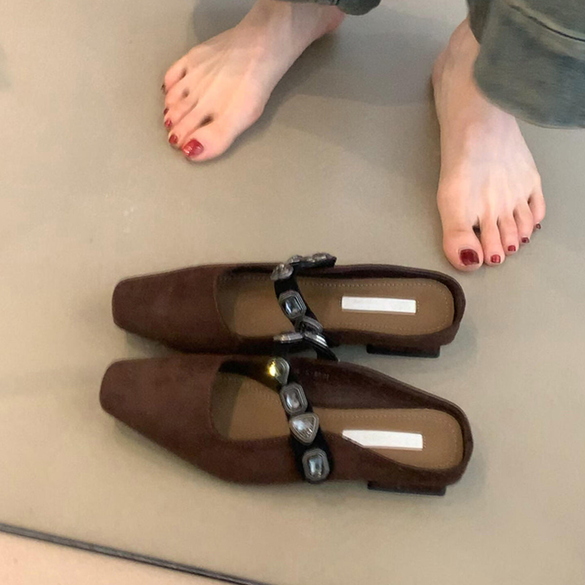 Dame elegant firkantet tå Slingback Mules med dekorativ rem Stilla