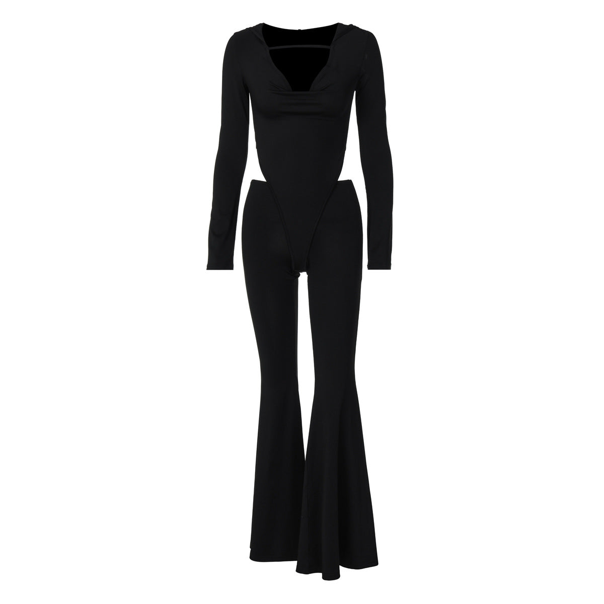 Dame figurtilpasset jumpsuit med innovativt cut-out-design og elegant hættemateriale Stilla