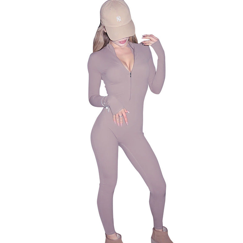 Dame Langærmet Jumpsuit med dyb V-udskæring og behagelig lynlås Stilla