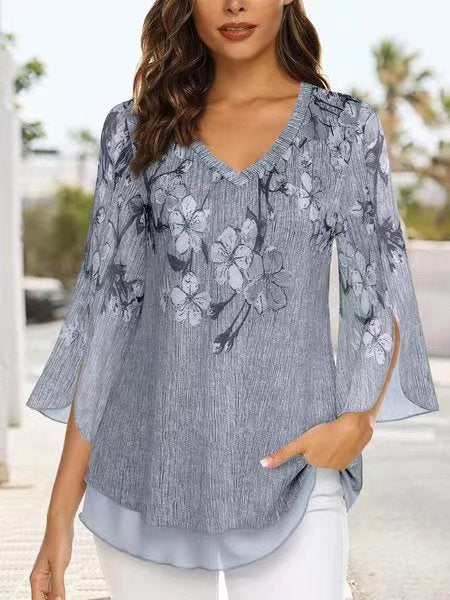 Dame elegant chiffonbluse med florale applikationer og bred ærme Stilla