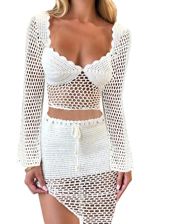 Dame Cropped Net Bluse og Miniskørt Sæt Stilla