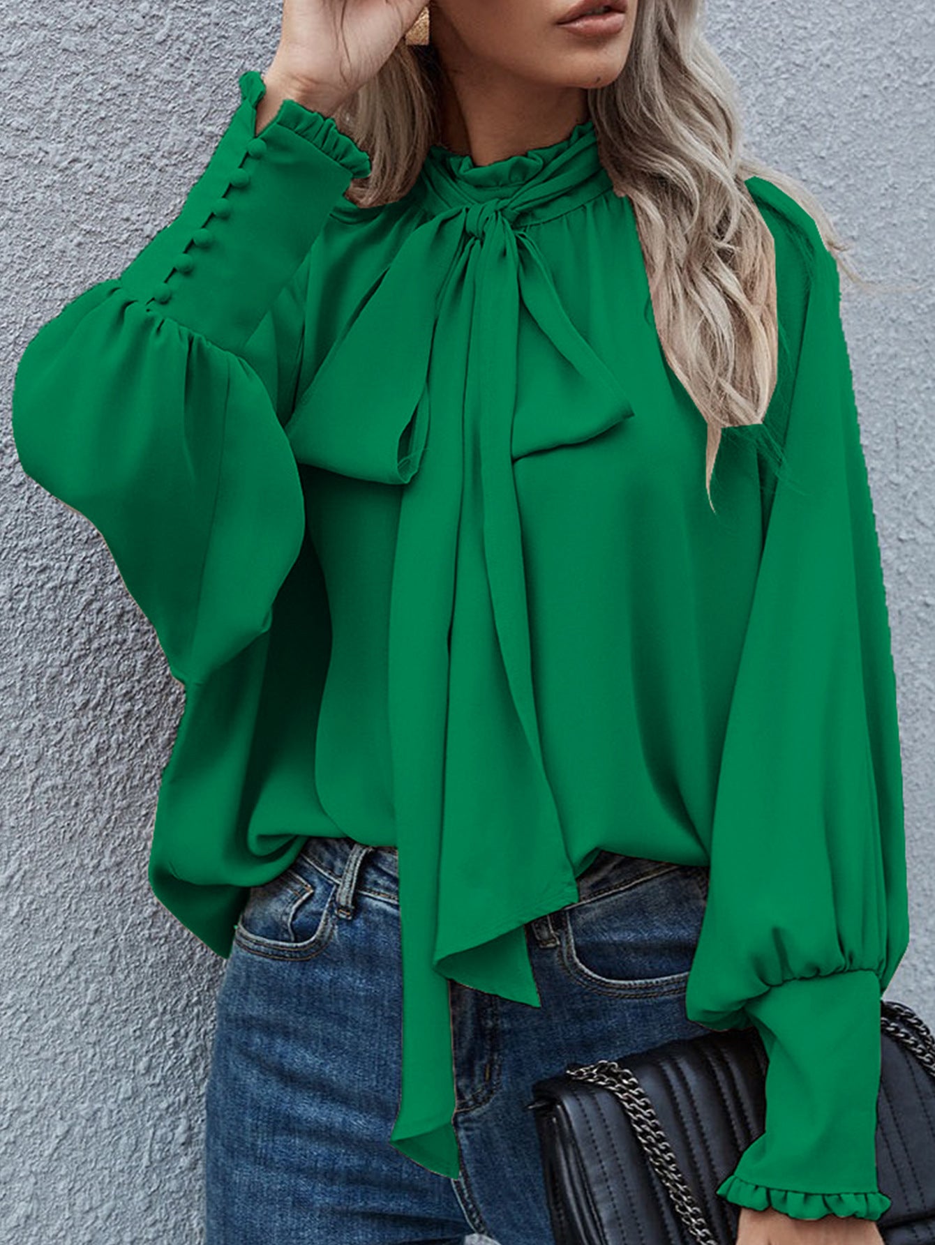 Dame Elegant Bluse med Bue og ballonformede Ærmer Stilla