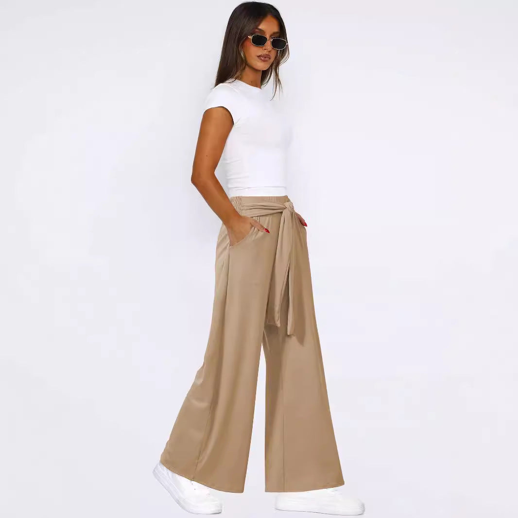 Dame elegant højtaljede bukser med bindebælte og bredt ben Stilla