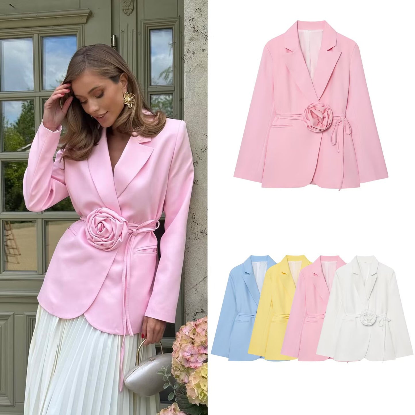 Dame Elegant Blazerjakke med Blomsterapplikation og Taljeret Snit Stilla