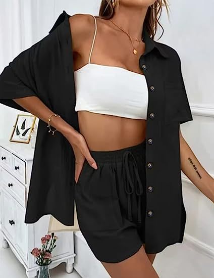 Dame afslappet linned sæt med korte bukser og skjorte Stilla