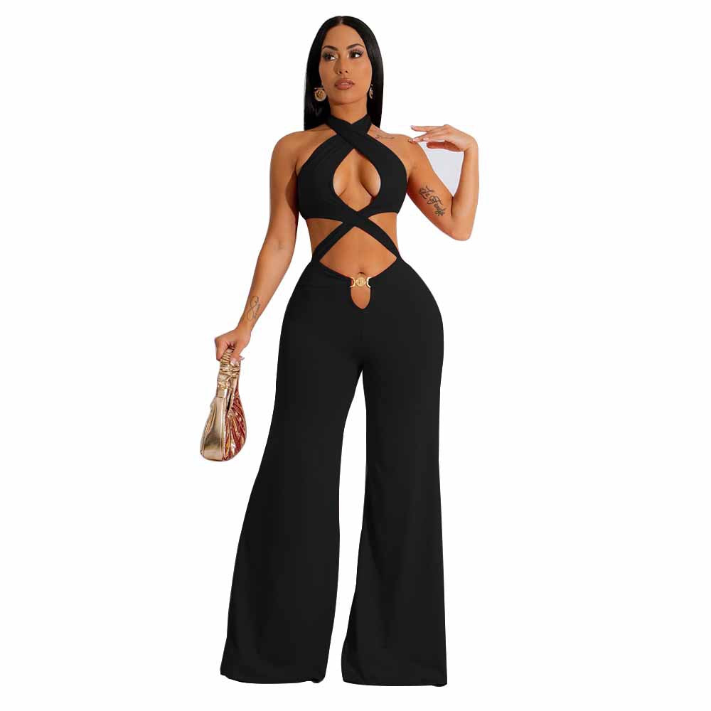 Dame Cut-Out Jumpsuit med elegant halsdesign og bredt ben Stilla