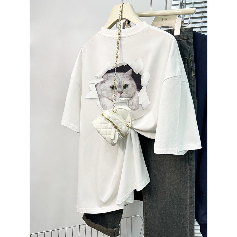 Dame T-shirt med kreativt kattemotiv gennem gennemboret væg Stilla