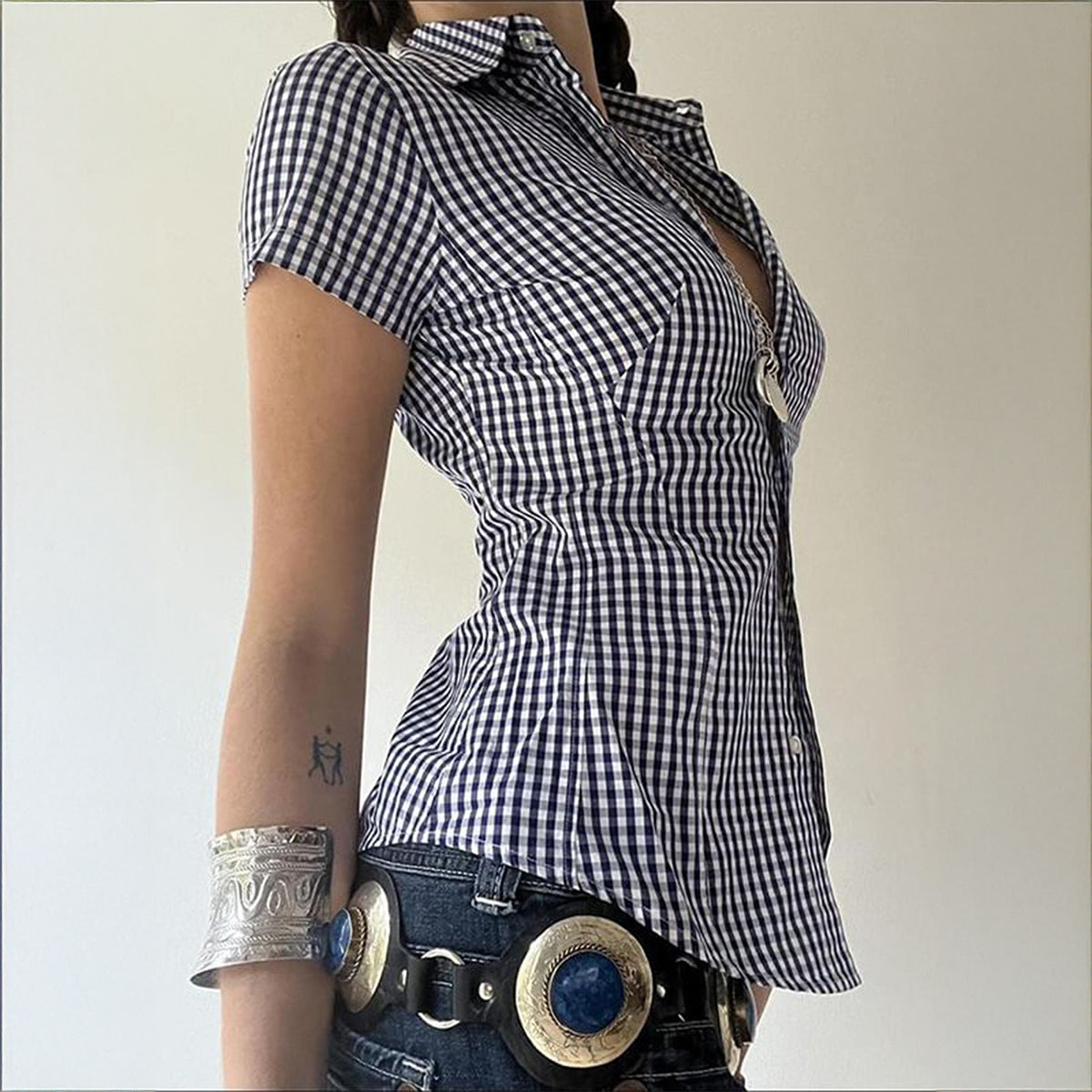 Dame skræddersyet ternet skjorte med korte ærmer og knaplukning Stilla