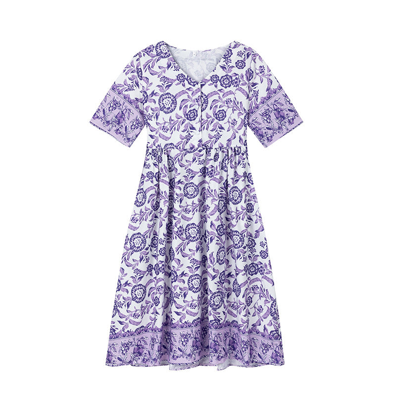 Dame Elegant Floral Trykt Kjole med V-Udskæring og Korte Ærmer Stilla