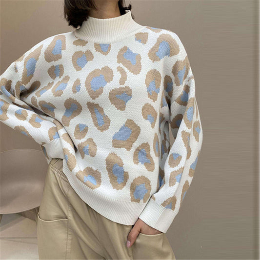 Damer Fashion Pullover med leopardmønster og høj krave Stilla