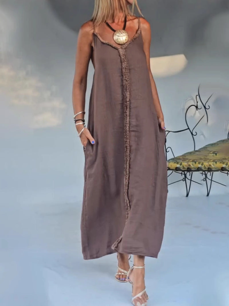 Dame afslappet maxikjole med fine frynser og justerbare stropper Stilla