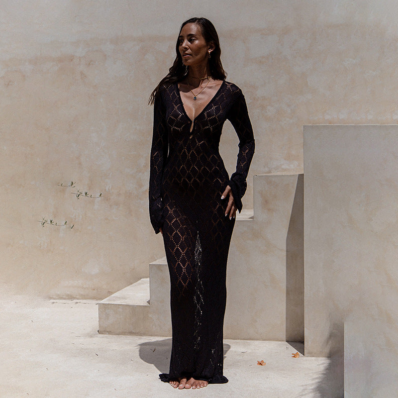 Dame Elegant Åben Strik Maxikjole Stilla