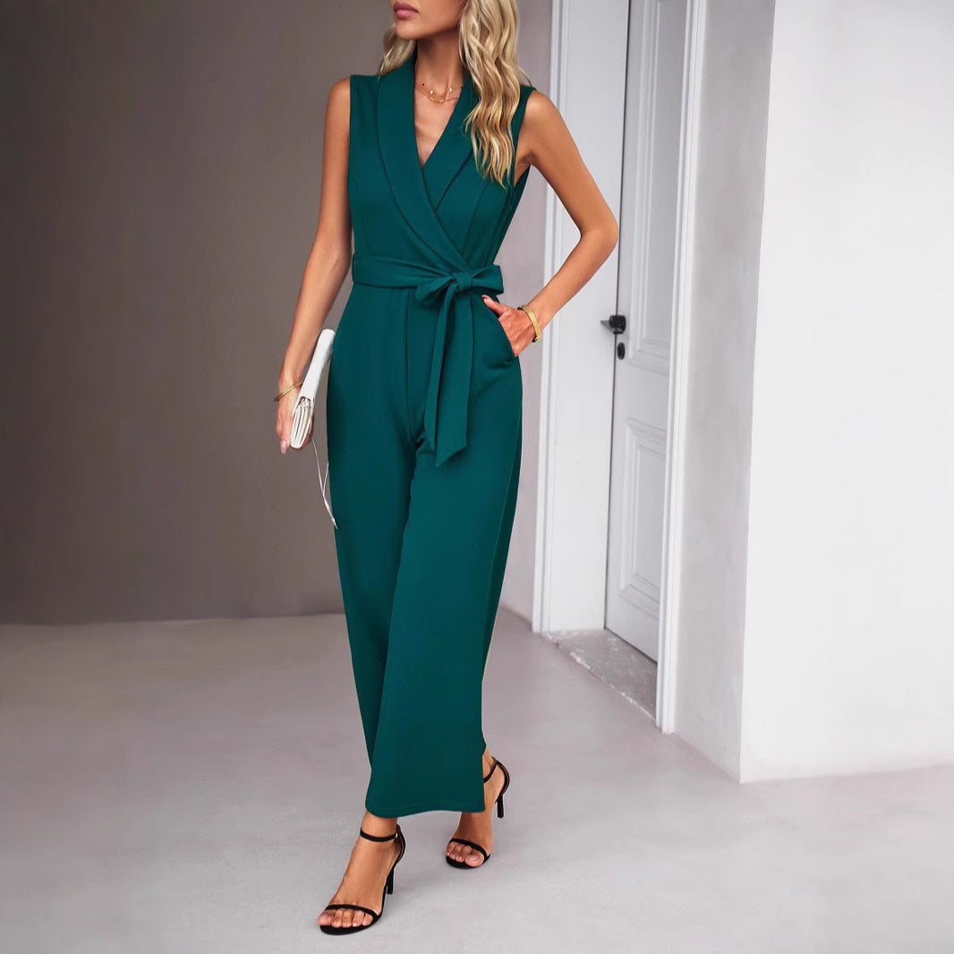 Dame elegant jumpsuit med bindebånd taljesløjfe og V-udskæring Stilla