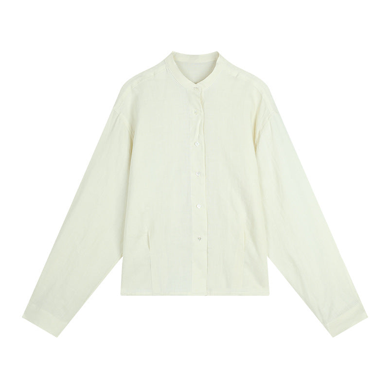 Dame afslappet langærmet skjorte med knapdetaljer og mandarin-krave Stilla