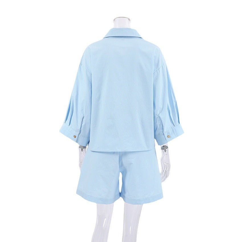 Dame afslappet linned-outfit-sæt med oversized skjorte og shorts Stilla