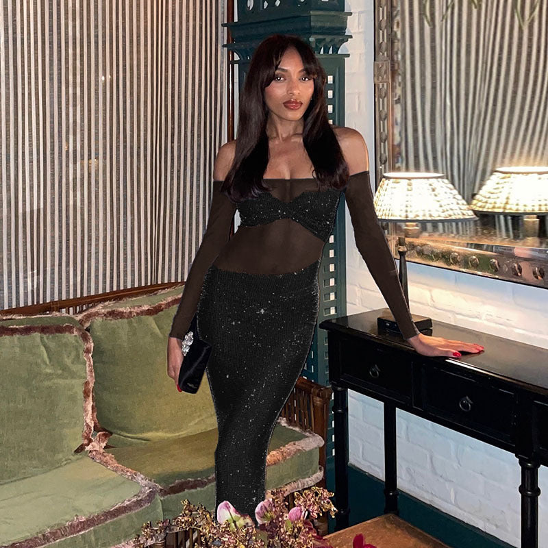 Dame Elegant aftenkjole med gennemsigtigt overdel og funkende design Stilla