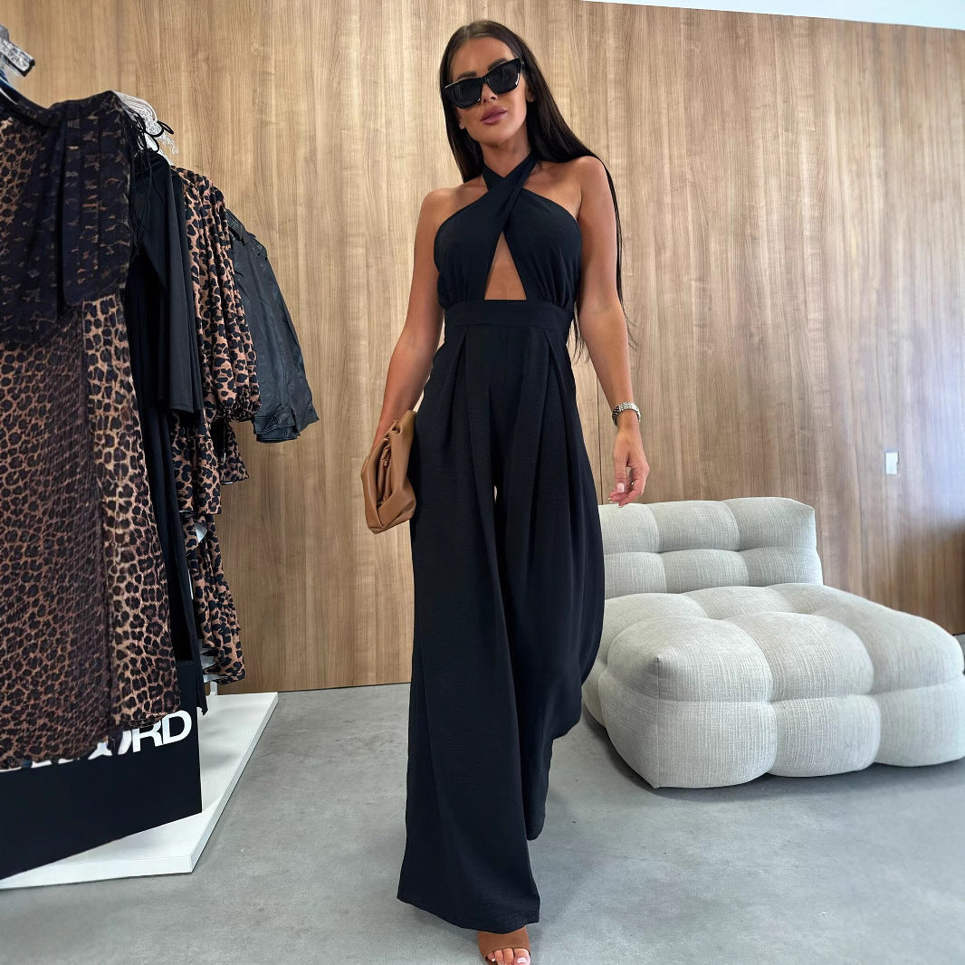 Dame Elegant jumpsuit med dyb V-udskæring og bredt skårne ben Stilla