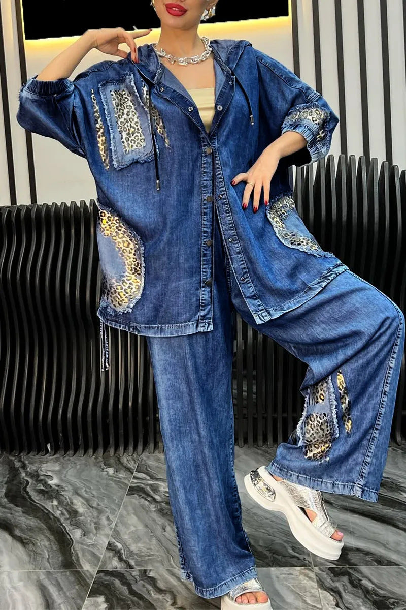 Dame afslappet denim sæt med hætte og dyreagtige accenter Stilla