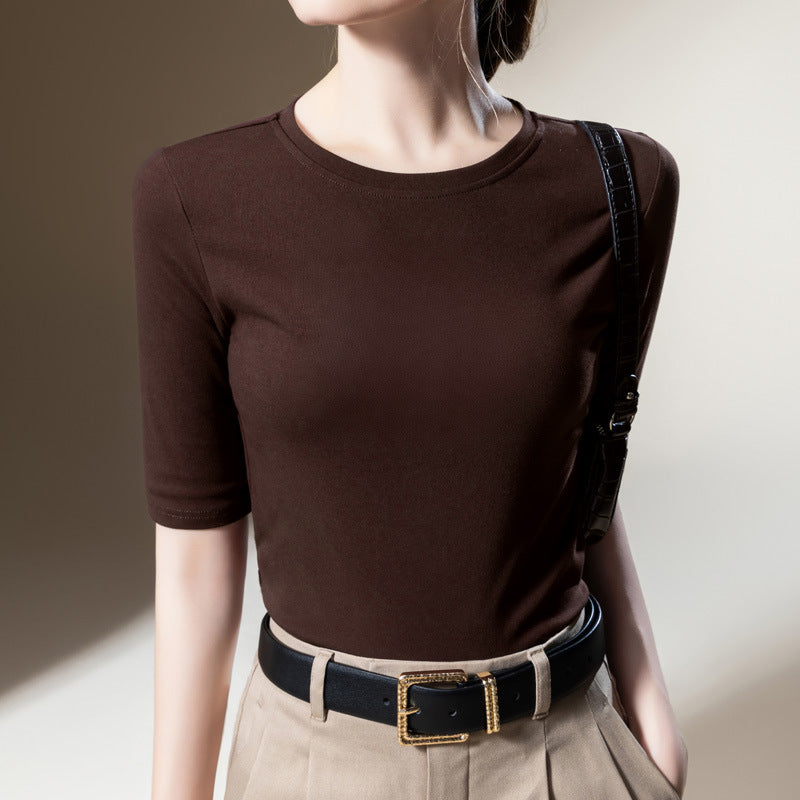 Dame Kortærmet T-Shirt med blød, elastisk bomuldsblanding og klassisk rund halsudskæring Stilla