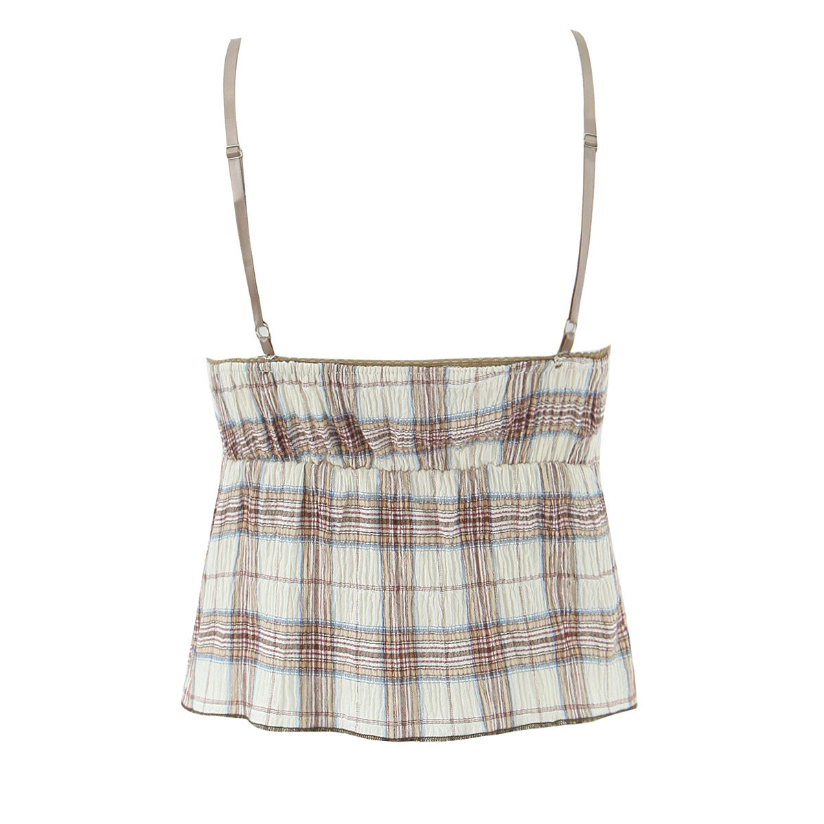 Dame afslappet spaghetti-strop top med flæsedetaljer og moderne ternet udseende Stilla