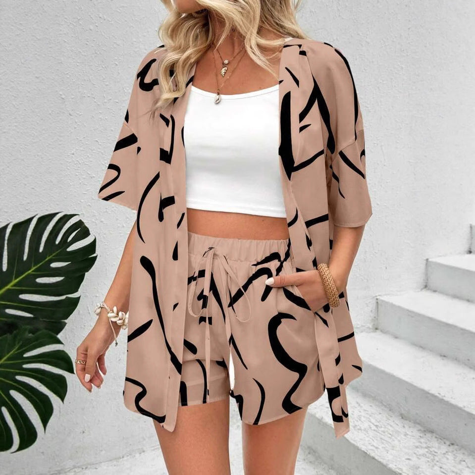 Dame Abstract Print Kimono Sæt Stilla