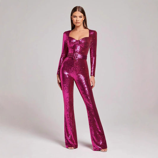 Dame Glitrende Jumpsuit med krop-snit og puffærmer Stilla