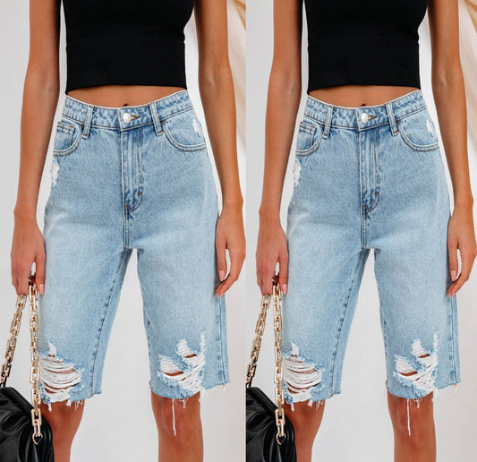Dame Destroyed Denim Shorts med Høj Talje og Vintage-Effekt Stilla