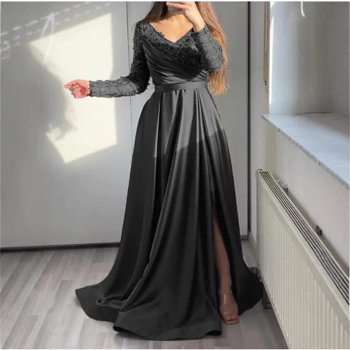 Dame Elegant aftenkjole med skinnende overdel og sideslits Stilla