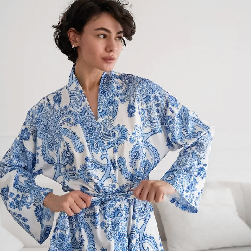 Dame Kimono-Style Morgenkåbe med Paisley-mønster og Talje-bælte Stilla