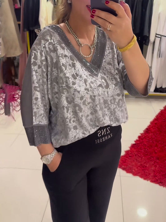 Dame Elegant Bluse med skinnende accenter og V-udskæring Stilla
