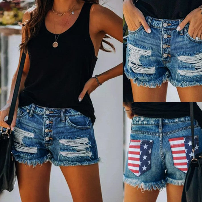 Dame denim shorts med patriotisk design og frynset detaljer Stilla