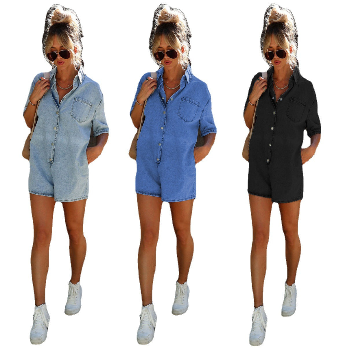 Dame Denim Playsuit med afslappet kortærmet design og praktiske lommer Stilla
