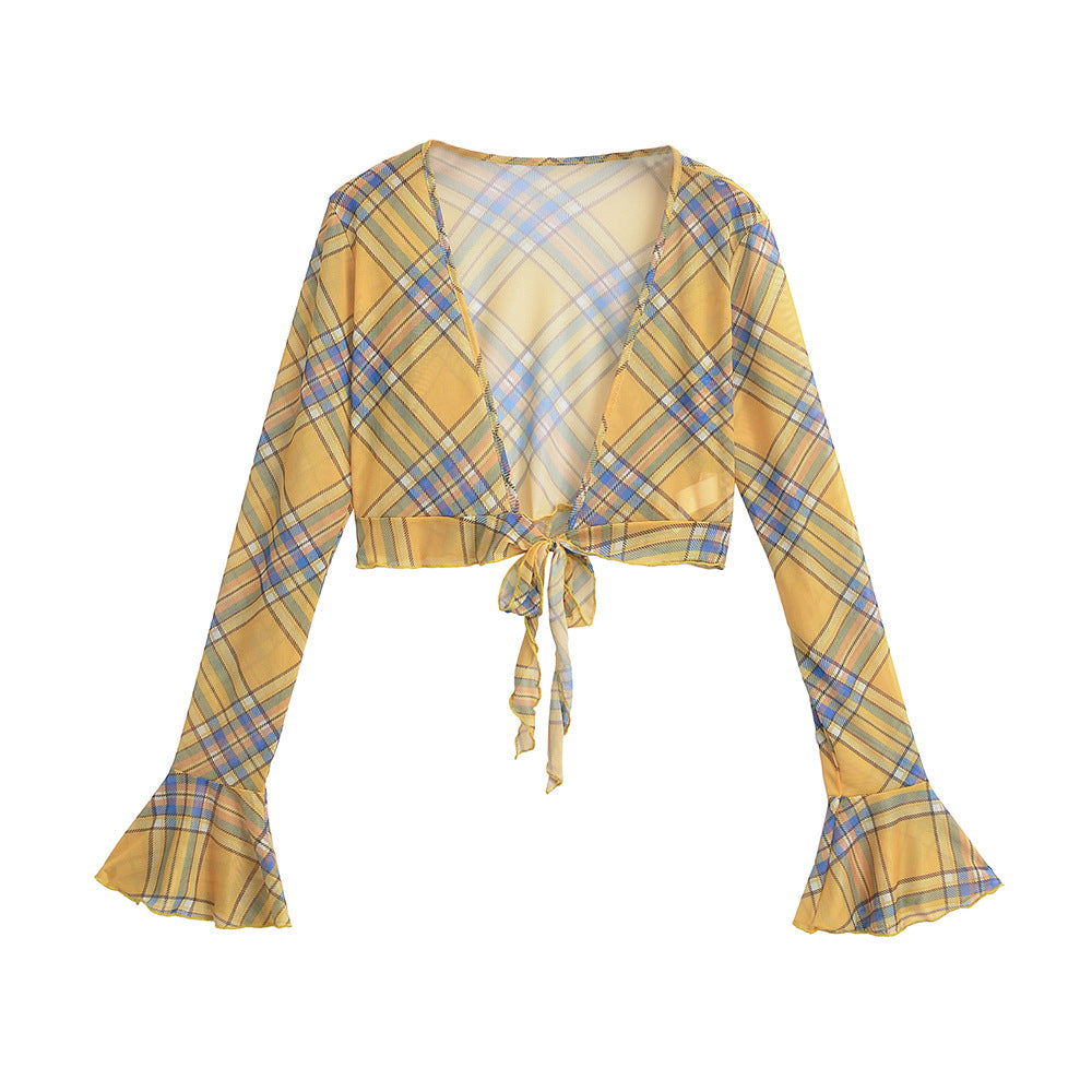 Dame cropped bluse i ternet design med bindedetalje og udvidede ærmer Stilla