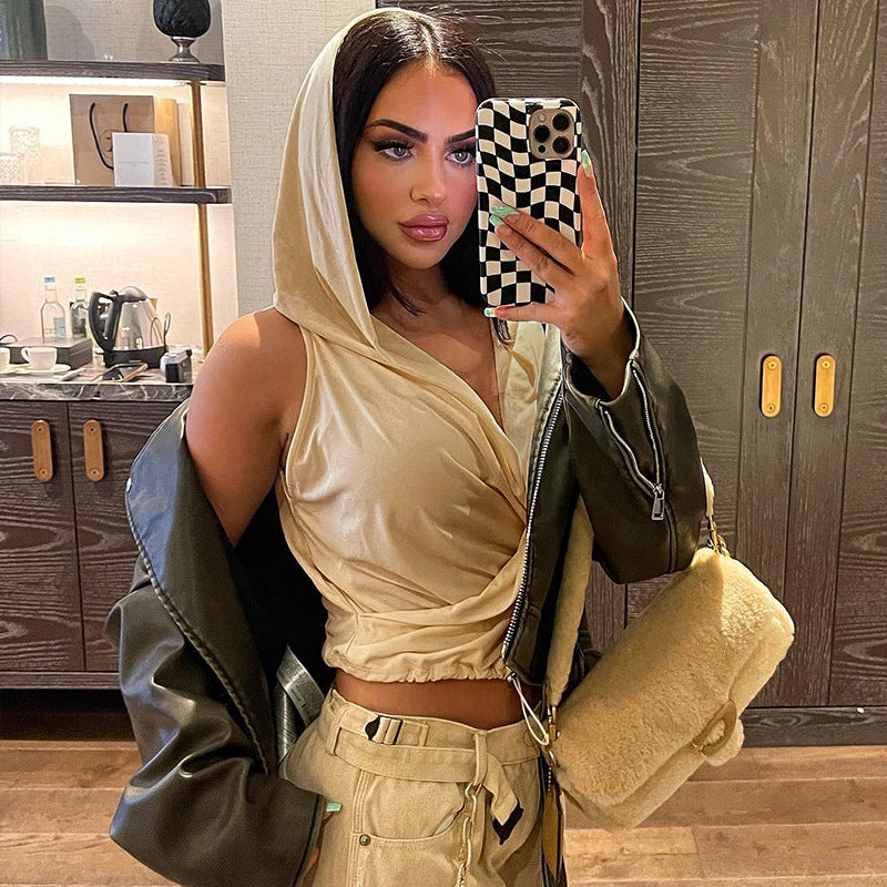 Dame afslappet oversized hoodie med draperet krave og dyb V-hals Stilla