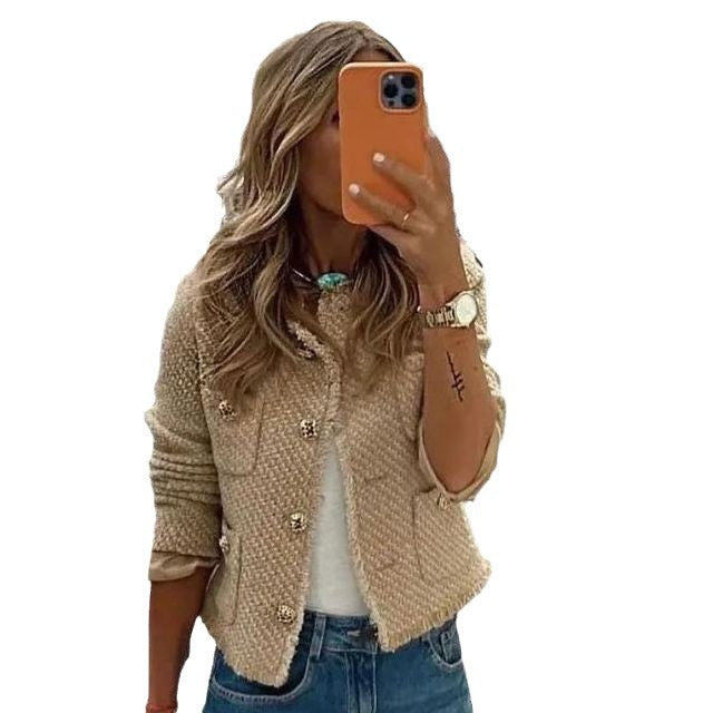 Dame elegant Bouclé-jakke med gennemgående knaplukning og dekorative lommer Stilla