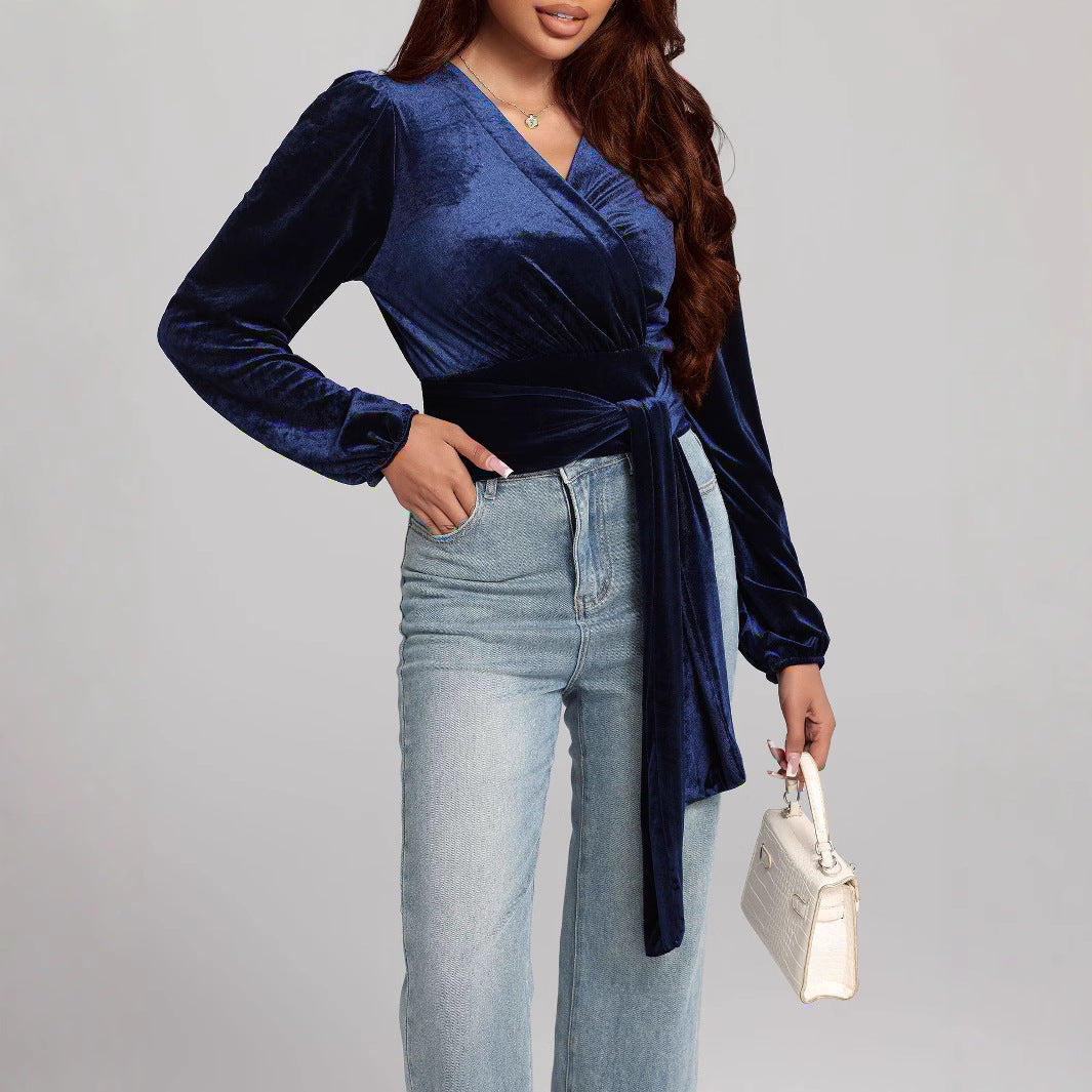 Dame elegant indpakningsbluse med flæseærmer Stilla